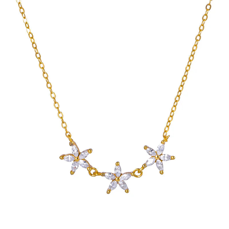 Fashion Jewelry 925 Sterling Silver Flower Necklace Simple Three Flowers Five Petals Zircon Pendant Gold Plated Necklaces Women