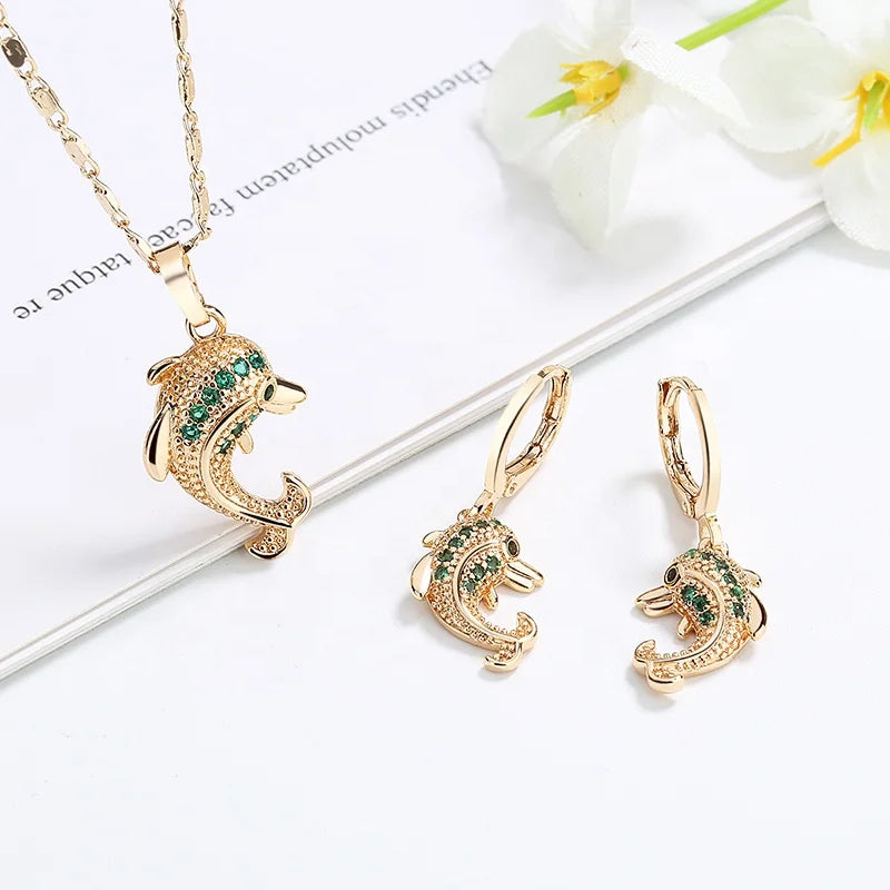 Wholesale 2023 Trend  Dubai 18k Laminated Gold Plated Wedding Dolphin Shape Crystal Zircon Fashion Jewelry Jewelry Set for Women