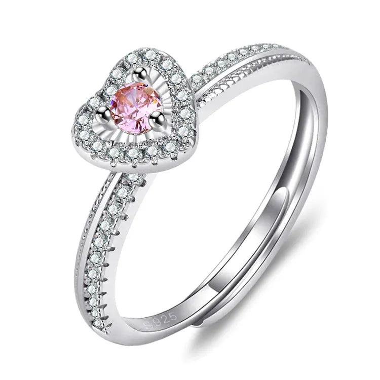 Sweet Pink Diamond Engagement Rings Valentine's Day Classic Adjustable Silver Plated Full Diamond Love Heart Ring for Women