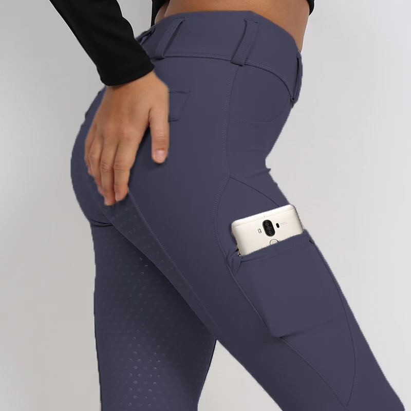 Ready to Ship Polyester Gray Full Seat Silicone Equestrian Riding Pants With Pocket Elastic Breathable Leggings Breeches