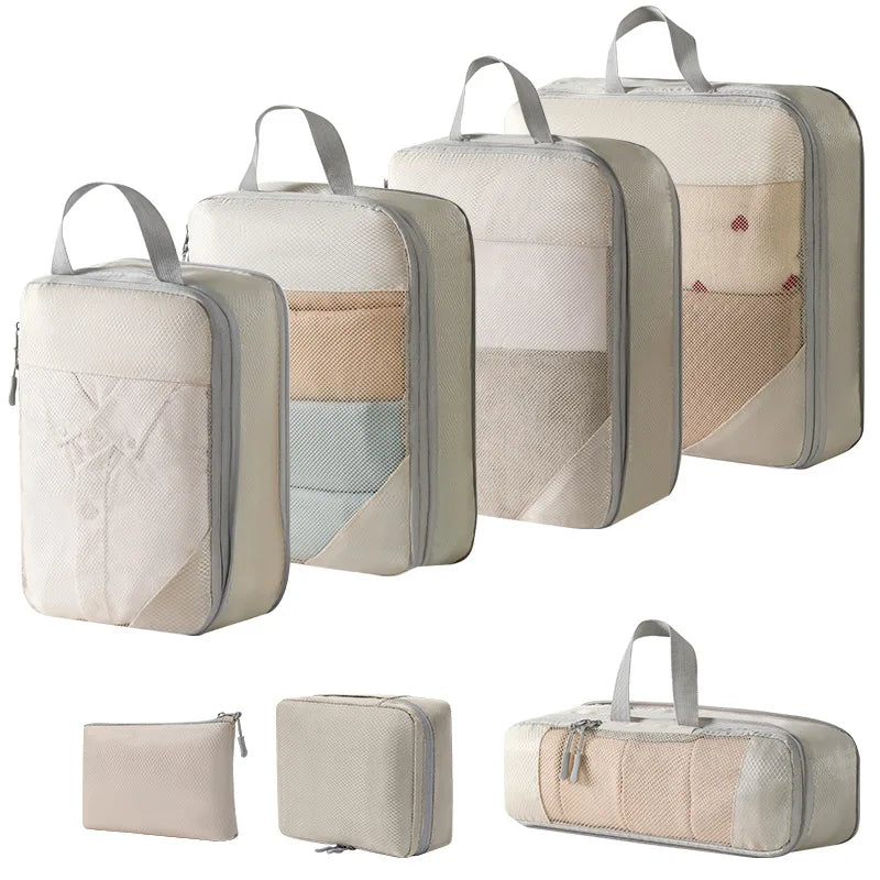 Expandable Fashion Luggage Packing Cubes Storage Waterproof Zipper Closure Light Weight Travel Compression Organizer Bag Set