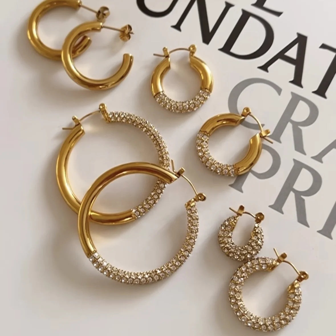 Trend Retro Daily Stainless Steel Half Full Diamond Earring 18k Gold Plated Chunky Circle Hoop Earrings Jewelry