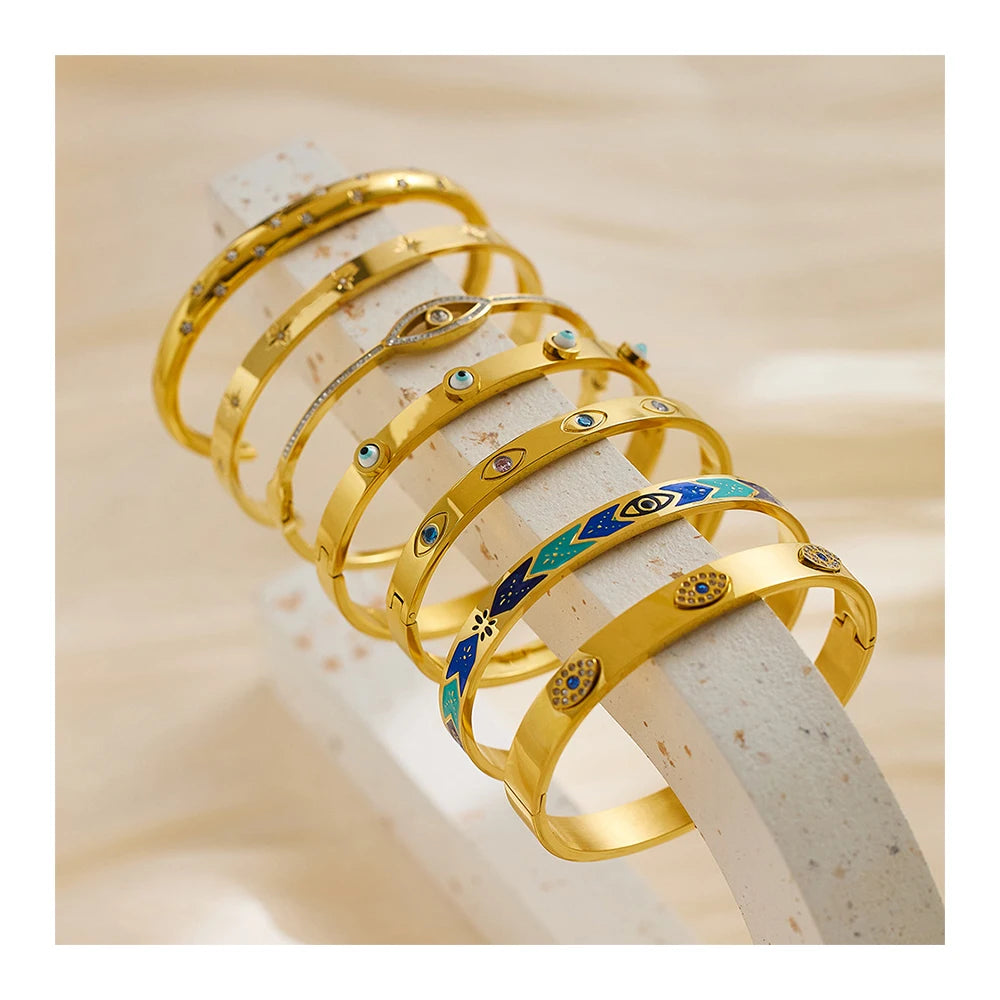 YF3319 Hot Sell Jewelry Stainless Steel Colorful Gemstone Zircon Bracelet Enamel 18K Gold Plated Oval Evil Eyes Bangle Bracelets