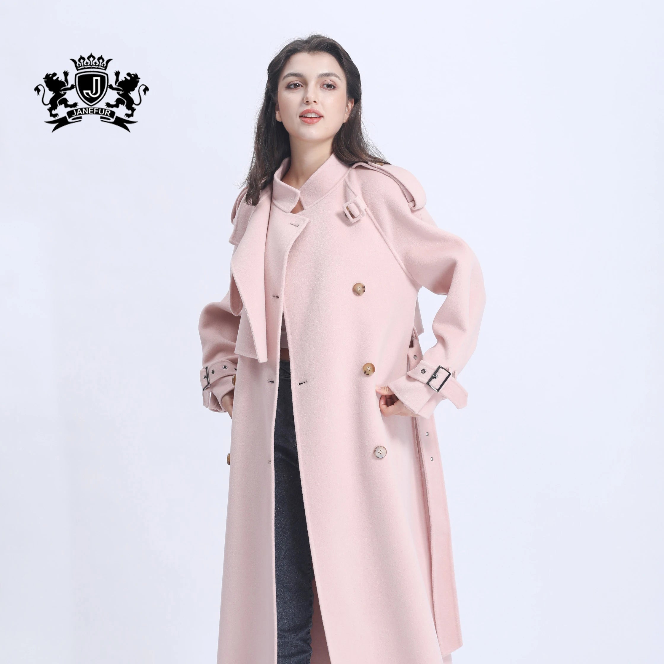 Janefur Winter Warm Elegant Cashmere Wool Coat Double Breasted Turn-down Collar Cashmere Wool Coat