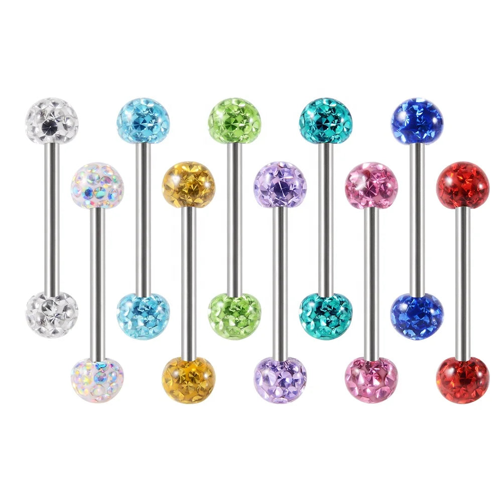 Wholesale 14G Surgical Steel Ferido Epoxy Crystal Ball External Thread Tongue Industrial Barbell Ear Piercing Jewelry Stone