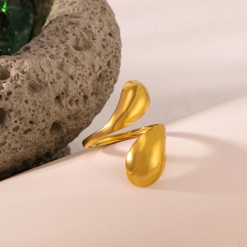 18K Gold PVD Plated Adjustable Teardrop Ring Fashion Waterproof Stainless Steel Finger Stacked Ring for Men/Women Anniversary