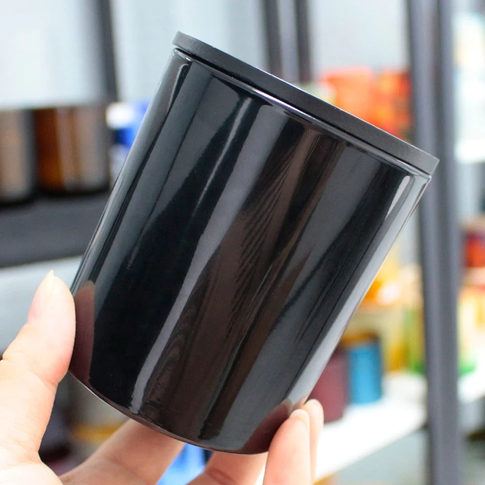 IN STOCK glossy Smooth Opaque Black Cylinder Tumbler Shape Glass Cups Vintage Candle Jars with Lid and Packaging Box