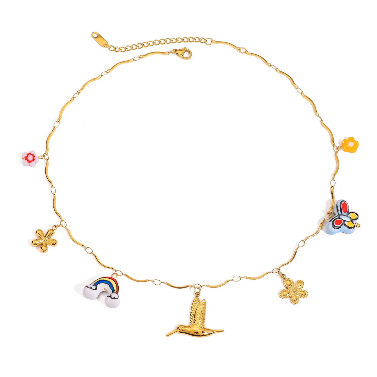 Spring Summer Charm Collection Ocean Series 18K Gold Plated Stainless Steel Necklace with Pearl Flower Charms Jewelry