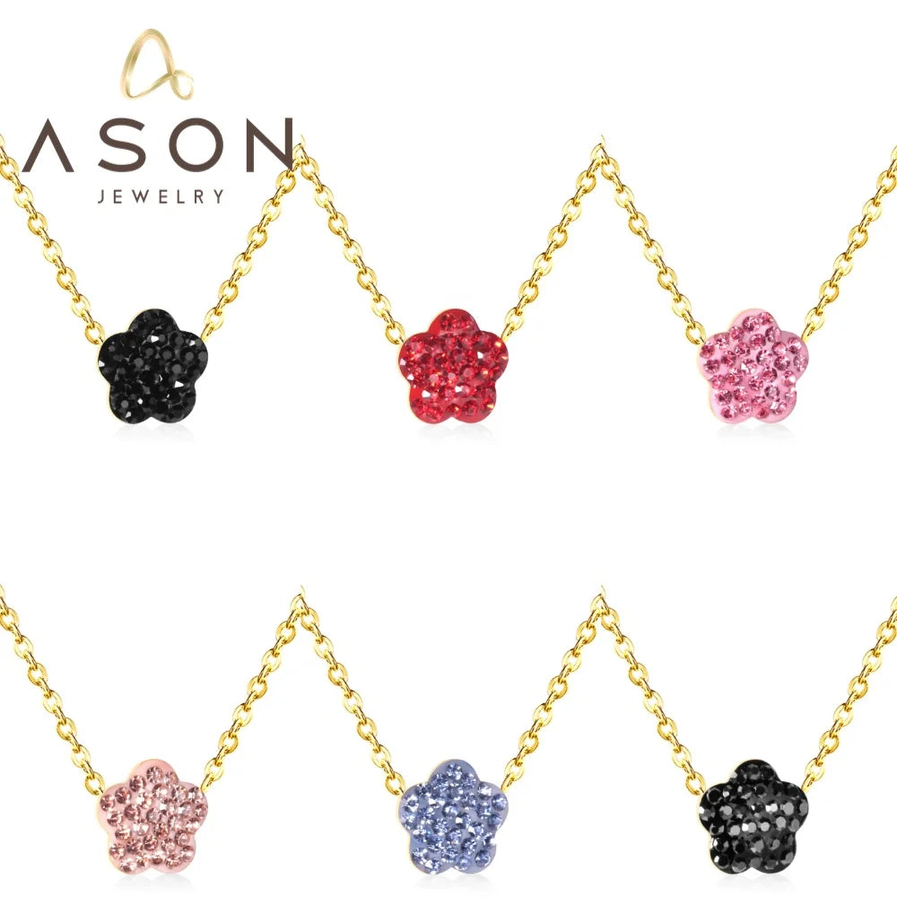 Ason Jewelry Shiny Gold Plated Stainless Steel Initial Flower Pendant Necklace Crystal Diamond Necklace
