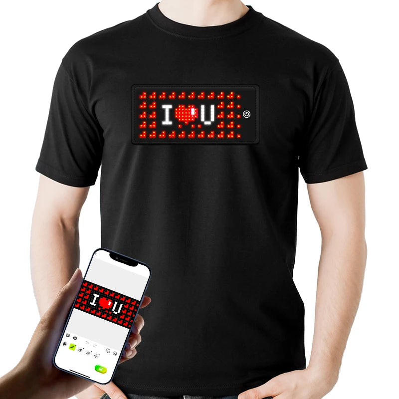 LED Flashing Light up T Shirt App Programmable RGB Screen Glow Shirts Unisex Black T Shirts for Boys Girls Birthday Christmas