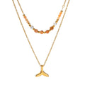 Natural Golden Stone Beaded Pendant Necklace 18K PVD Gold Plated Stainless Steel Double Fishtail Necklace for Women