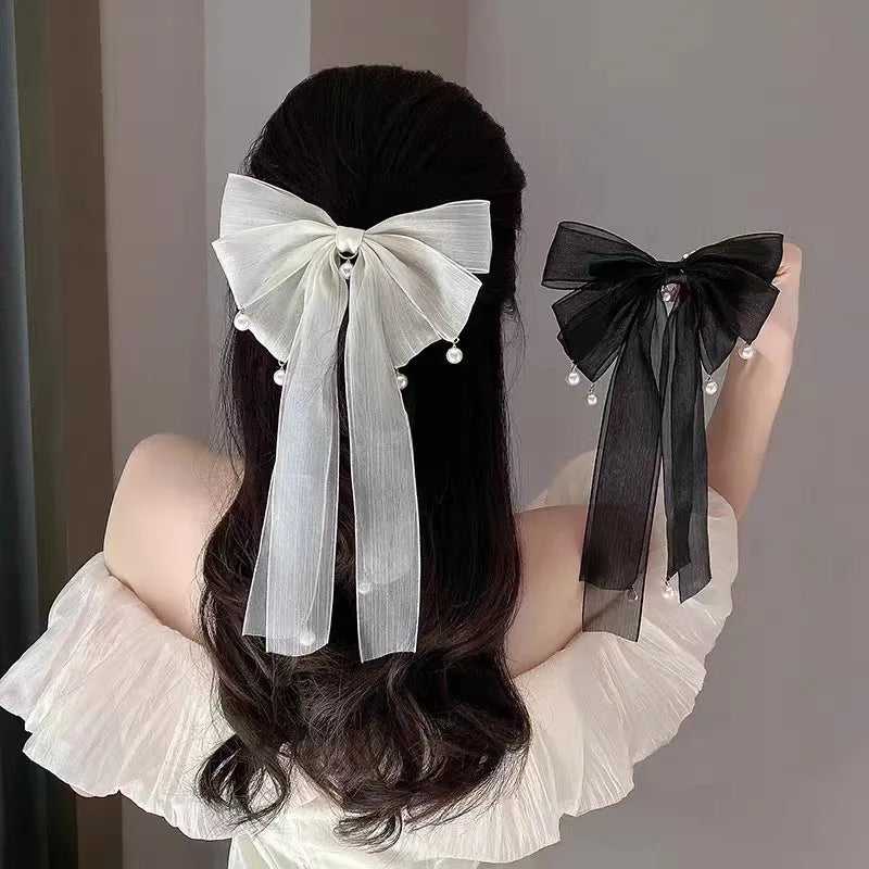 Wholesale Women Hair Accessories Silk Satin Bow Hair Barrettes Pearl Beads Long Tail Butterfly Ribbon Hair Clips
