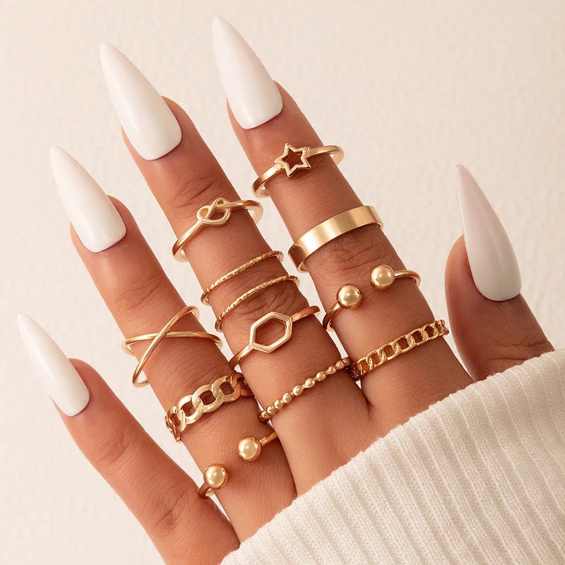Vintage Bohemian Star Joint Ring Set 11pcs Women's Hollow Geometry Alloy Metal Opening Stacking Jewelry Unique Fashion Rings