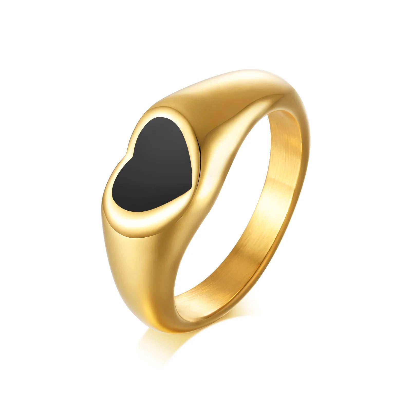 Customized Black Enamel Heart Rings Stainless Steel Gold Heart Shape Fashion Jewelry Rings