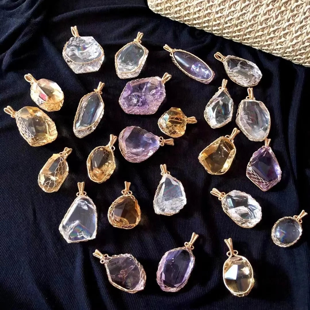 Natural Crystal Reiki Healing Stone Initial Design Handmade rainbow Azeztulite Free Form  Wire Wrapped Charm Pendants