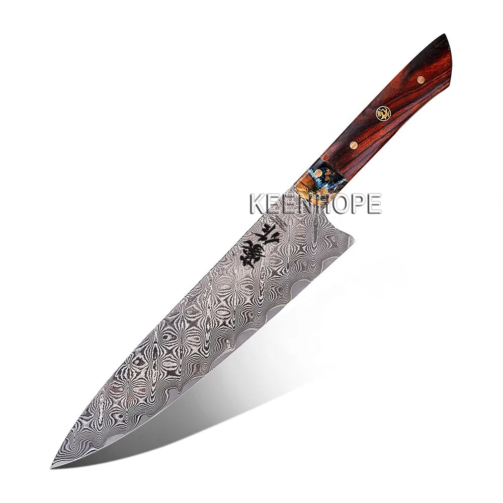 KEENHOPE 89-Layers Damascus Steel VG10 Blade 8 Inch Nakiri Japanese Brass Inlayed Wooly Stone Kitchen Knife USA Desert Ironwood