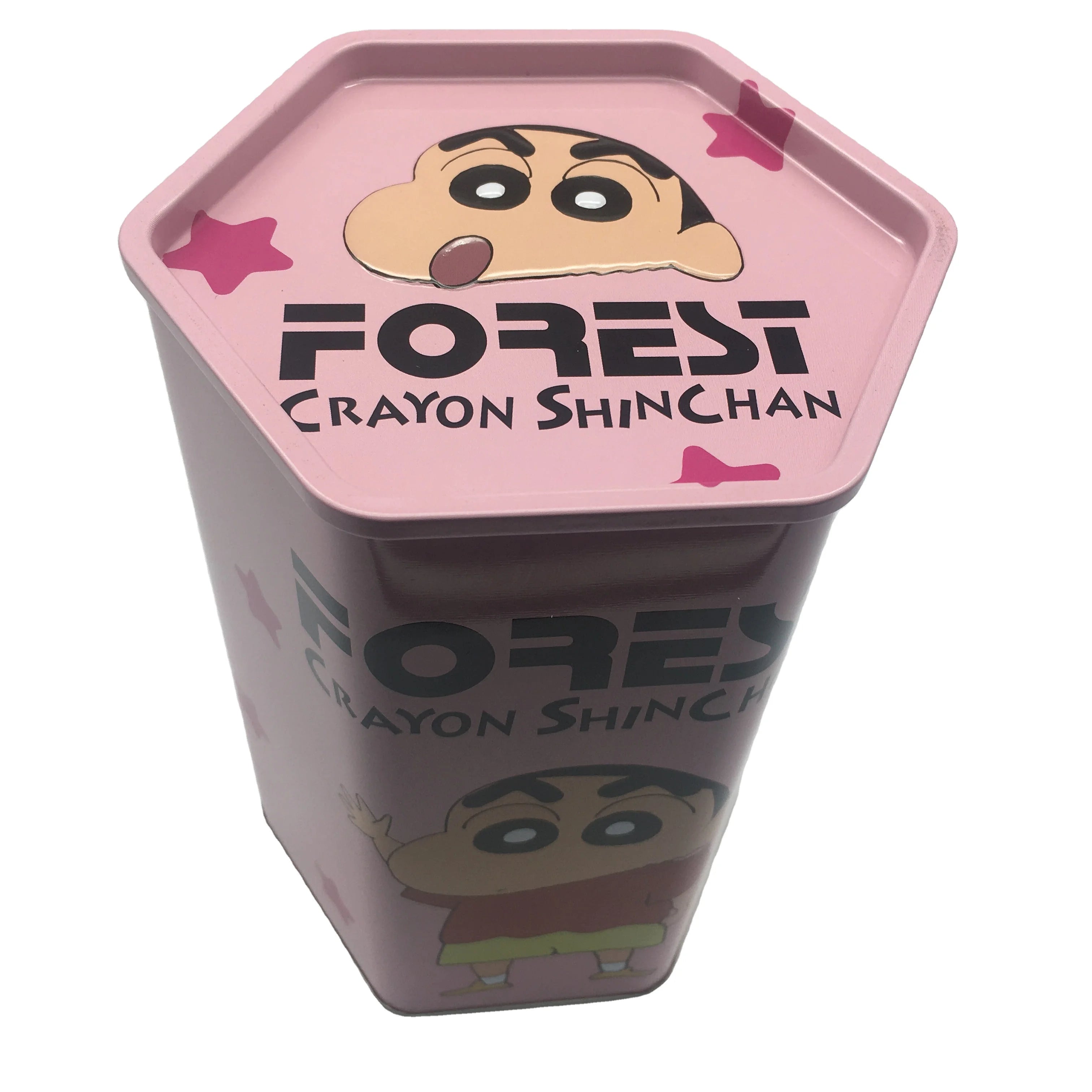 Open Lid Crayon Shin Chan Biscuit Kids Gift 0.23mm Tinplate Shiny/Matte Hexagonal Shape Removable Lid Offset Printing Full Color