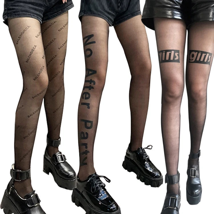 Wholesale Fashion Brand Letter Printed Thigh High Stockings Slimming Sexy Breathable Transparent Sheer Black Party Daily Wear