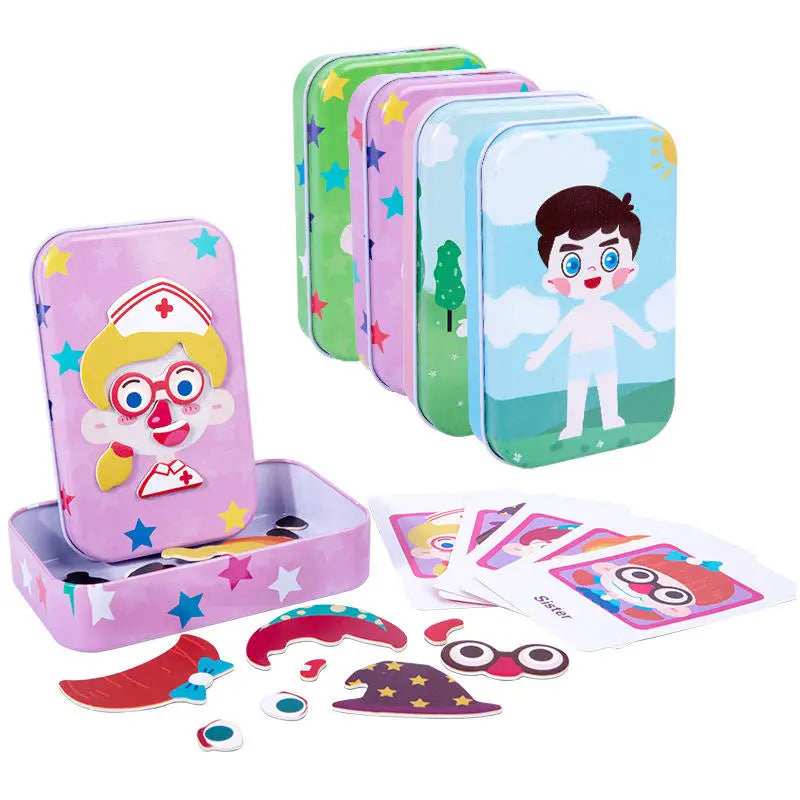New Arrival Children Wooden Creative Magnetic Iron Box Facelift Puzzle Cartoon Characters Facial Expressions Toys for Boys Girls