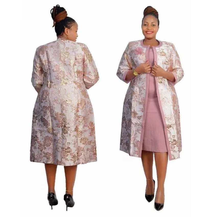 Lady Plus-Size Floral Midi-Length Casual Dress Set Woman's Coat and Dress Straight Silhouette Natural Waistline