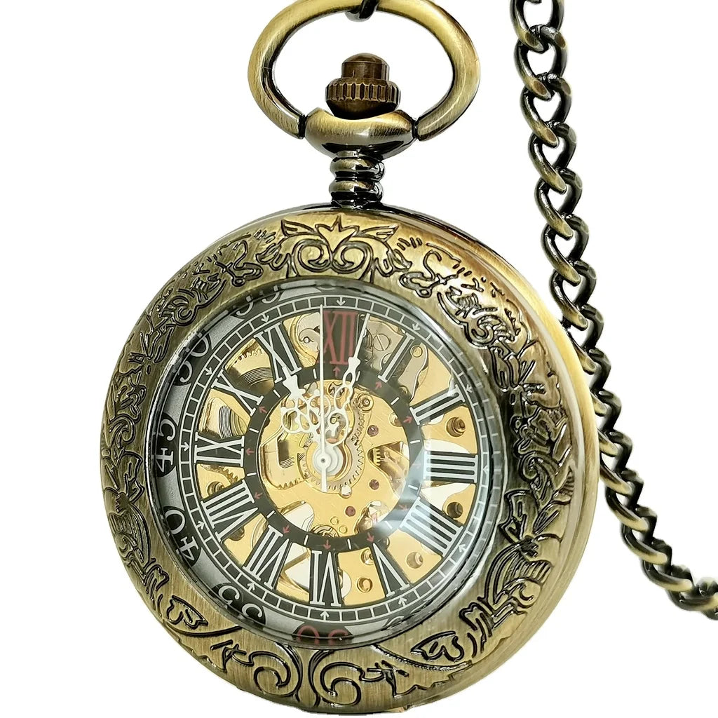 Vintage Flower Stainless Steel Big Glass Face Mechanical Pocket Watches