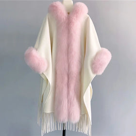 Autumn Winter Luxury Tassels Cashmere Coat Women Long Wool Poncho Coat With Real Fox Fur Collar