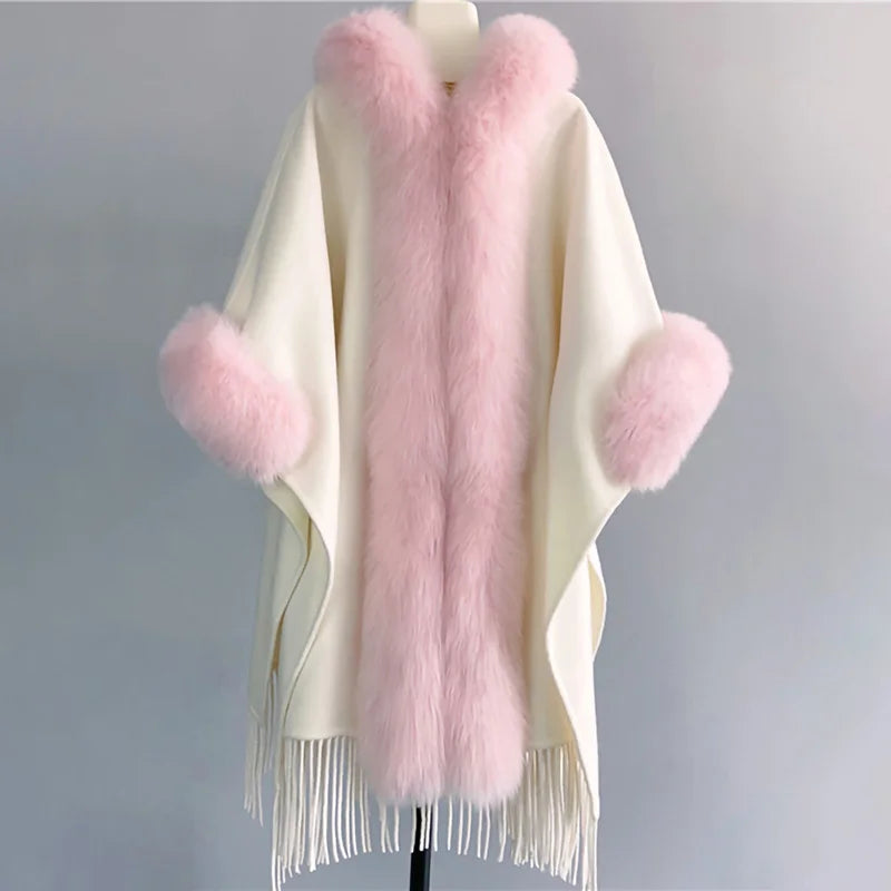 Autumn Winter Luxury Tassels Cashmere Coat Women Long Wool Poncho Coat With Real Fox Fur Collar