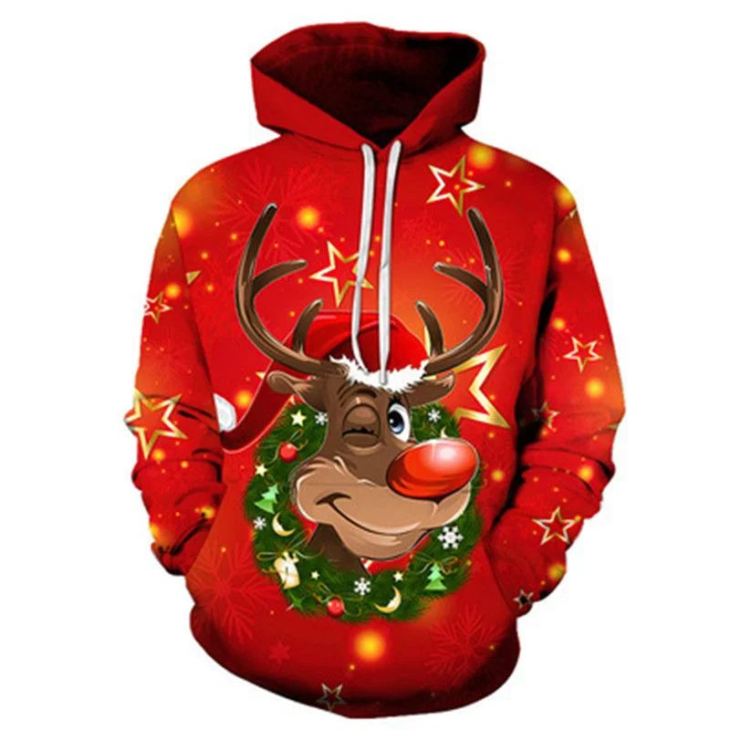 Fitspi Christmas Printed Hooded Sweatshirts Men's Women's Leisure Hoodies Fashion Hip Hop Style Red Pullover Autumn Clothes