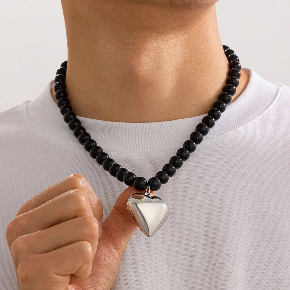 Trendy Smooth Acrylic Beads CCB Peach Heart Necklaces for Men Hiphop Male Street Choker on Neck Accessories Fashion Jewelry Gift