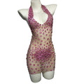 Sexy Mesh See Through Crystal Bodycon Party Dress Women Dance Stage Wear Halter Backless Rhinestone Club Prom Dresses Plus Size