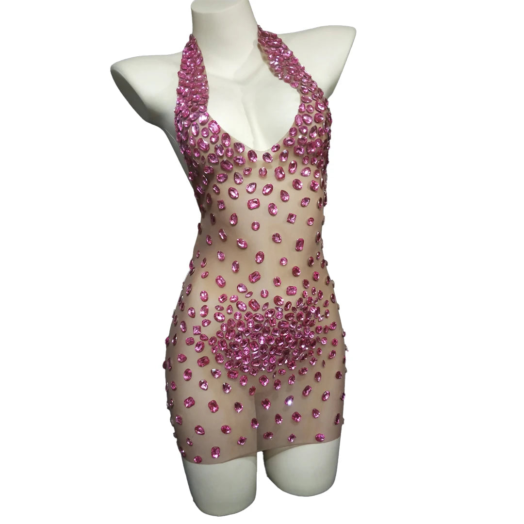 Sexy Mesh See Through Crystal Bodycon Party Dress Women Dance Stage Wear Halter Backless Rhinestone Club Prom Dresses Plus Size