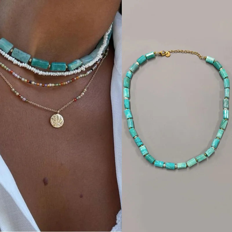 Natural Amazonite Stone Necklaces for Men Women Colorful Faceted Beaded Choker Necklace Handmade Boho BraceletJewelry Gift