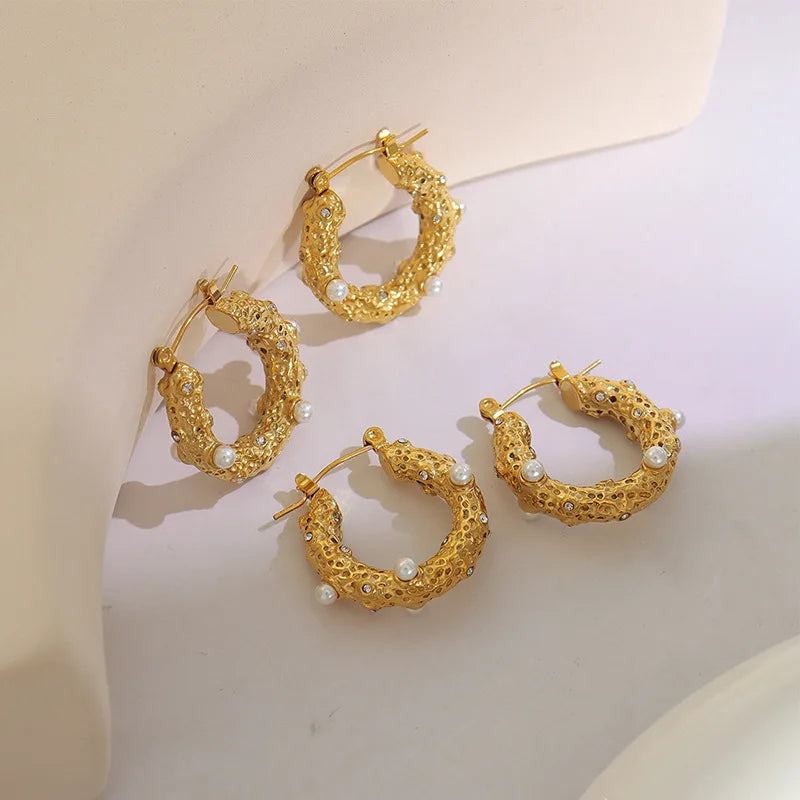 2022 Jewelry Trendy Earring 18K Gold Plated Hammered Imitation Pearl Zirconia Hoop Earrings Stainless Steel Jewelry for Women