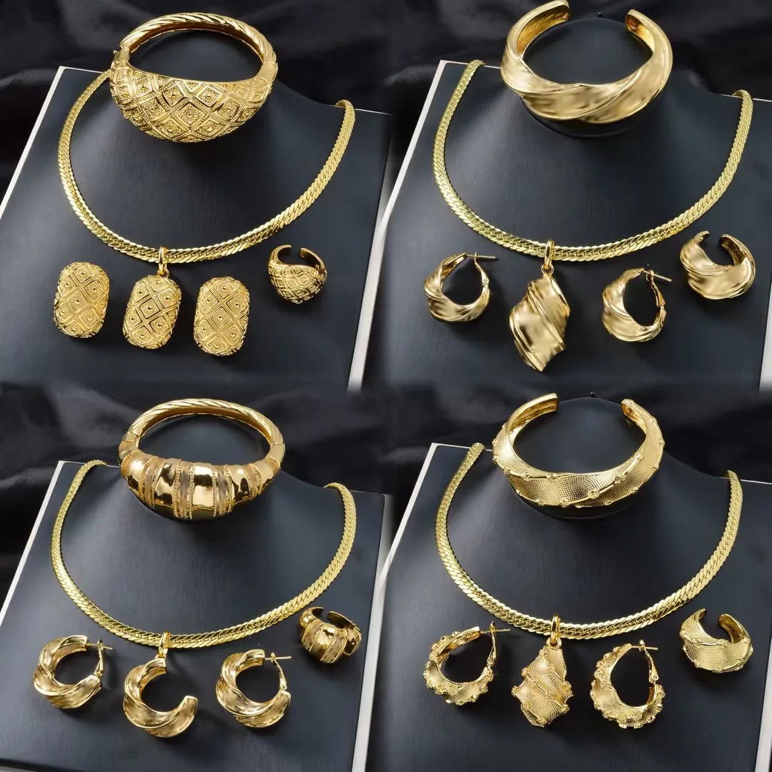 Zeadear Jewelry Dubai 14k Gold Plated Copper Earring Bracelet Ring Necklace Jewelry Sets