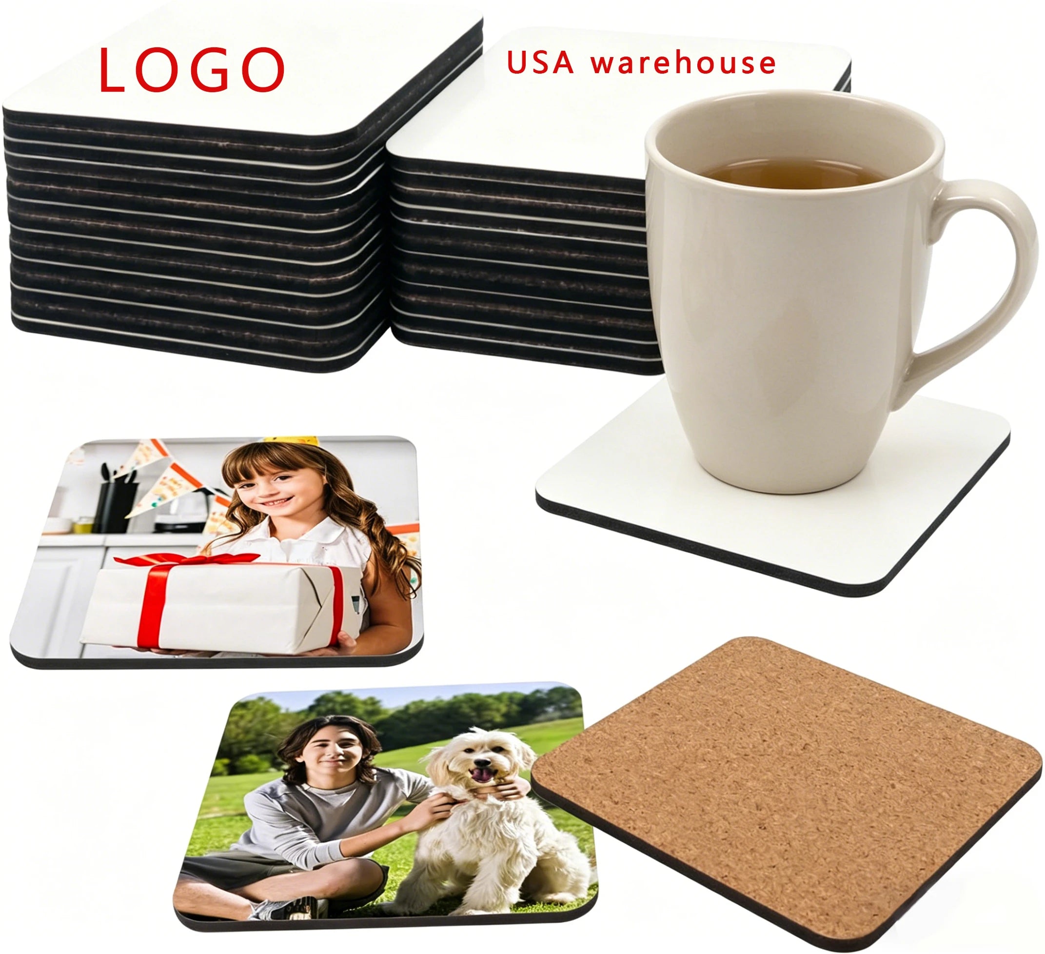 Sublimation Coasters Blanks With Cork Back MDF Cork USA WAREHOUSE Wooden Customized Coaster for Drink Square Round Blank Coaster