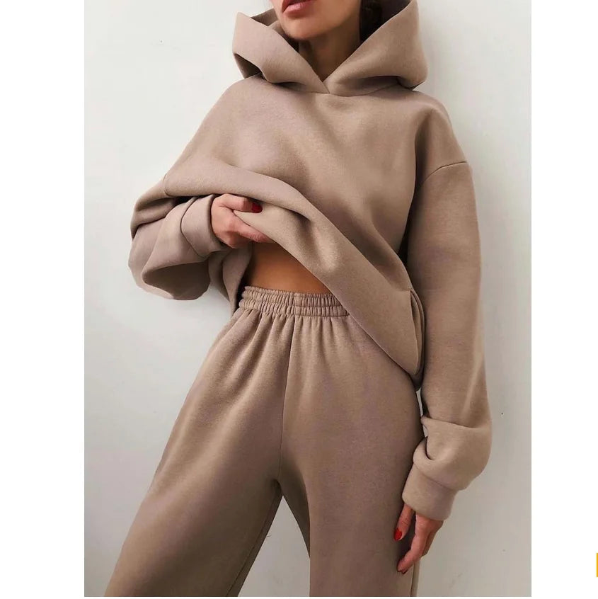 Women Elegant Solid Sets for Women Warm Hoodie Sweatshirts and Long Pant Fashion Two Piece Sets Ladies Lace up Sweatshirt Suits