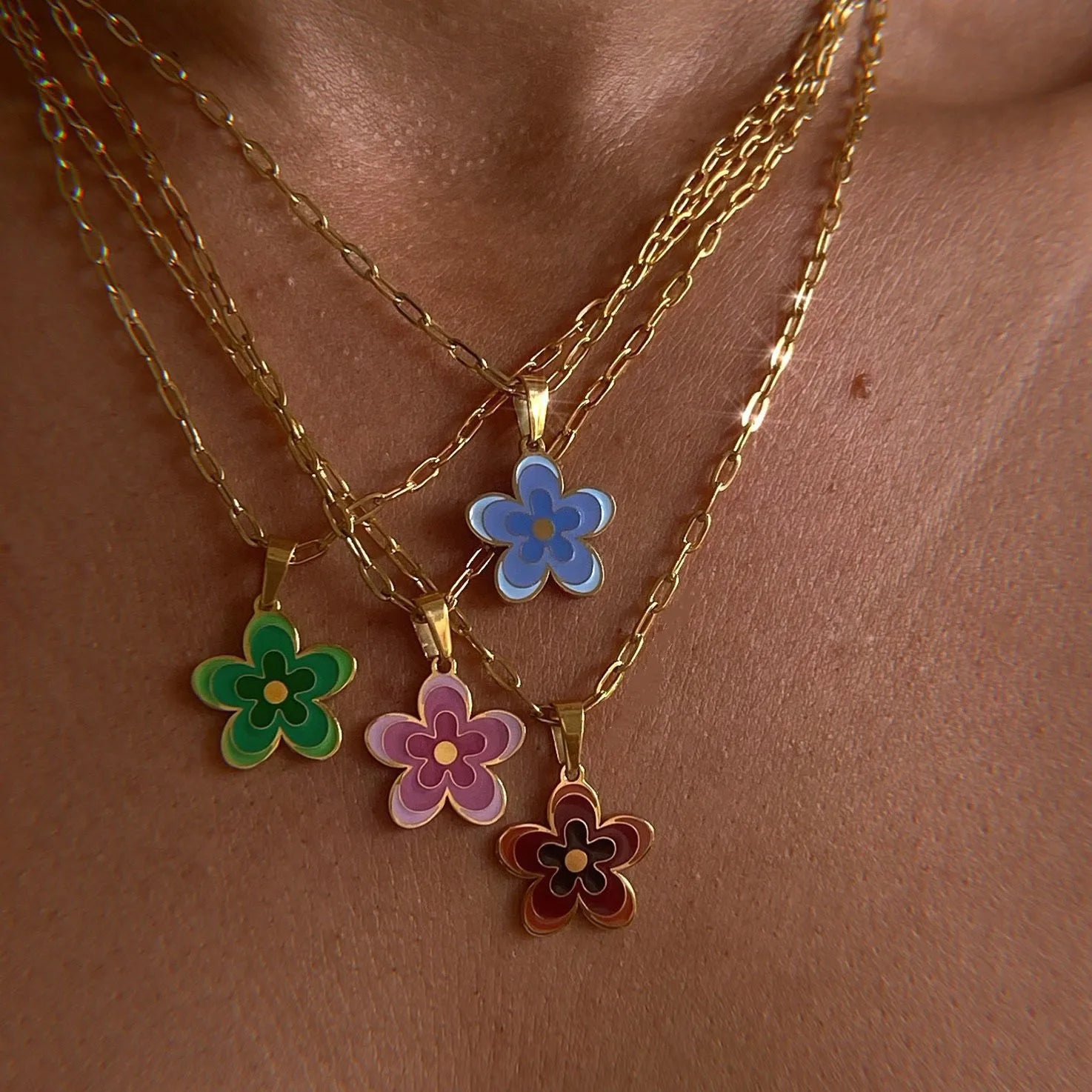 Joolim Jewelry Stainless Steel Waterproof 18K Gold Plated Spring Summer Colorful Green Pink Blue  Enamel Flower Pendant Necklace