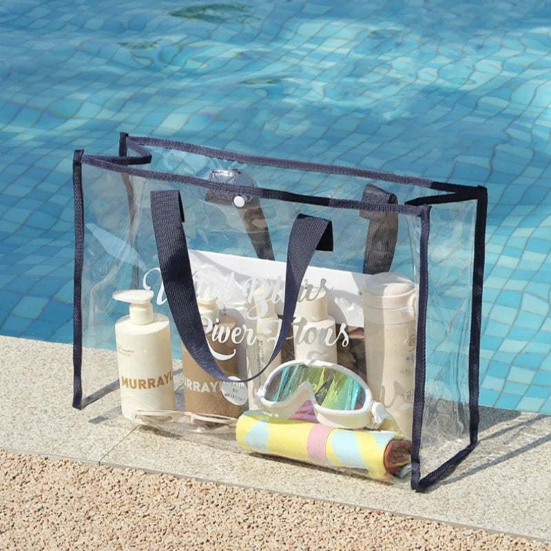 Custom Logo PVC Tote & Duffle Bag with Transparent Clear Shoulder Strap Zipper Closure Beach Handbag for Daily Life