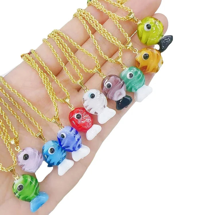 NG1077 Chic Cute 18k Gold Plated Colorful Multi Colored Murano Lampwork Glass Fish Pendant Chain Necklace for Women