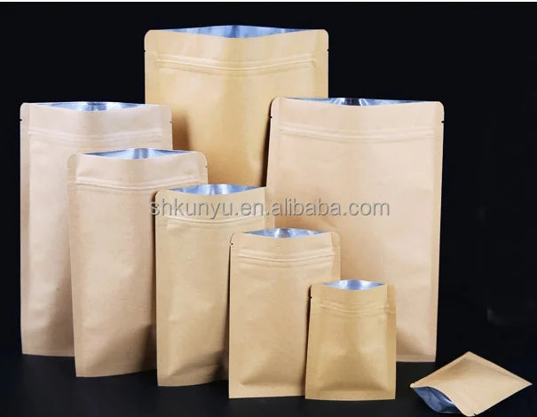 Biodegradable Brown Kraft Paper Laminated Foil Food Grade Reusable Ziplock Packaging Pouches Bags Tea Snacks