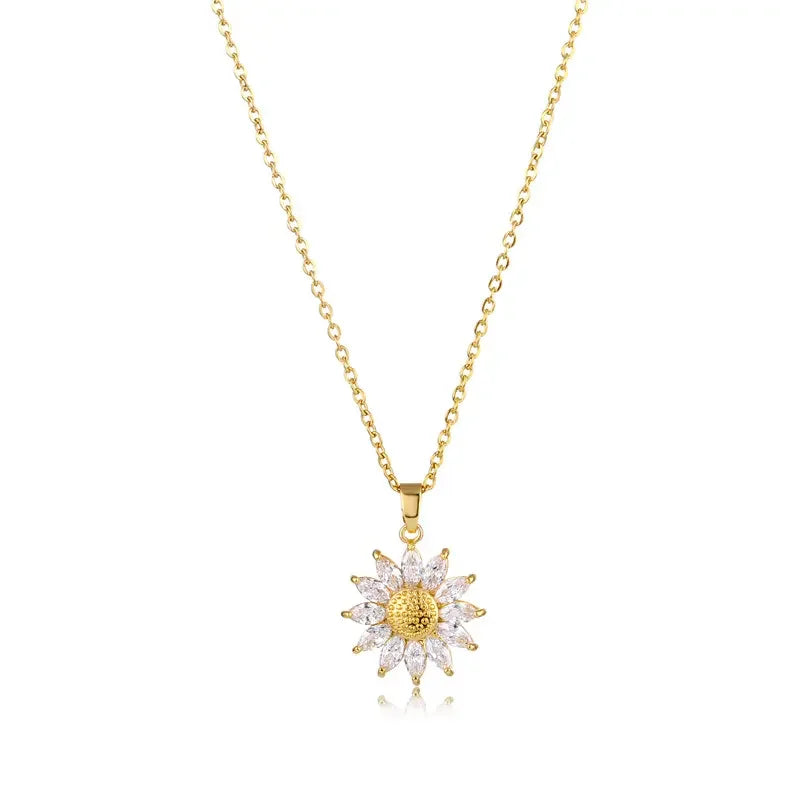 AA00469 18K Gold Plated Stainless Steel Sunflower Necklace Zircon Necklace for Women and Girls