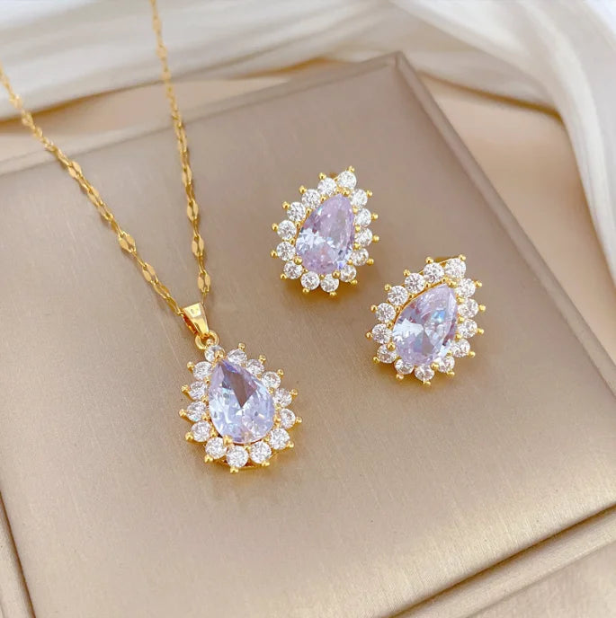 Stainless Steel Zirconia Crystal Full Diamond Drop Pendant Necklace Earrings Jewelry Set for Women Girl Friend Lady Gift