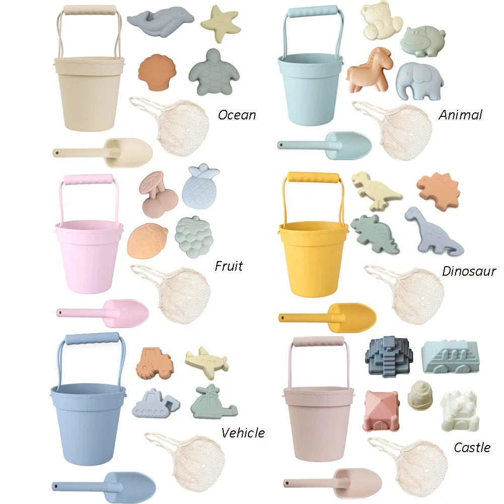 Eco-Friendly Silicone Beach Sand Toys for KidsBucket and Shovel With BagBeach Accessories OceanfruitDinosaurVehicleCastle