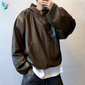 Streetwear Pullover with Kangaroo Pocket Men's Brown Faux Leather Oversized Hoodie