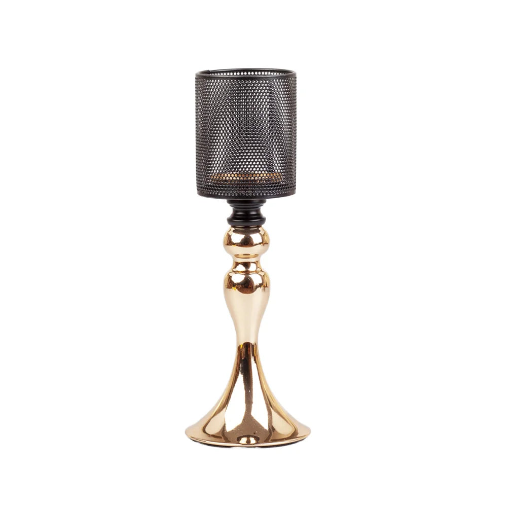 Hot Selling Handmade Black Grid Gold Iron Candlestick Holder for Christmas Home Decoration