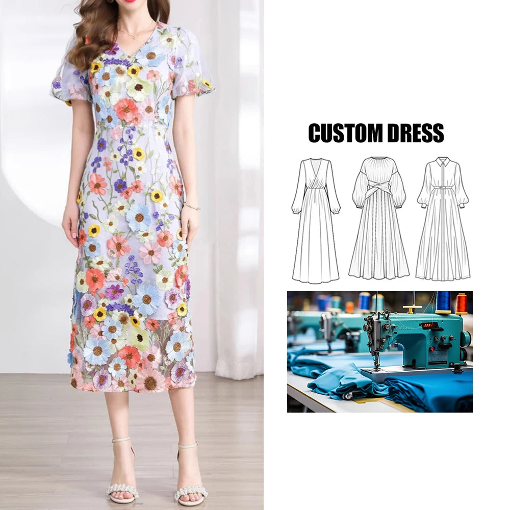 Women's Spring Custom Brand Maxi Length Dress Floral Pattern Roman V-Neck Lantern Sleeve Empire Embroidered Lace Vestidos Design