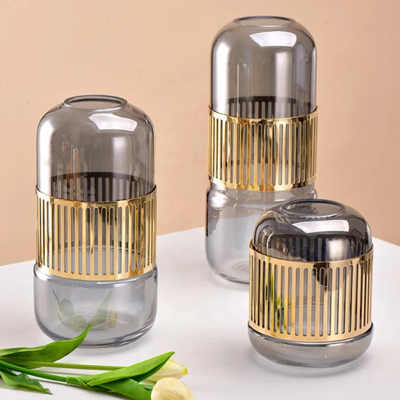Home Decor Living Room Wedding Tabletop Centerpieces Electroplated Alloy Amber Smoky Gray Golden Metal Colored Glass Flower Vase
