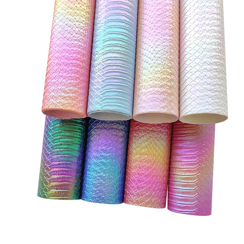 Python Snake Skin Embossed Metallic Rainbow PU Faux Leather Cotton Back for Making Shoe Bag Decoration Earring Craft Coat