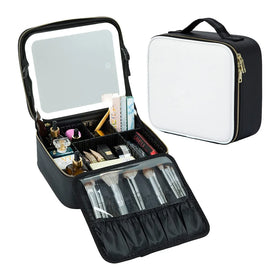 Makeup Bag with Light up Mirror Lighted Makeup Case with Adjustable Dividers with Mini Jewelry Box Square Lighted Desktop Mirror