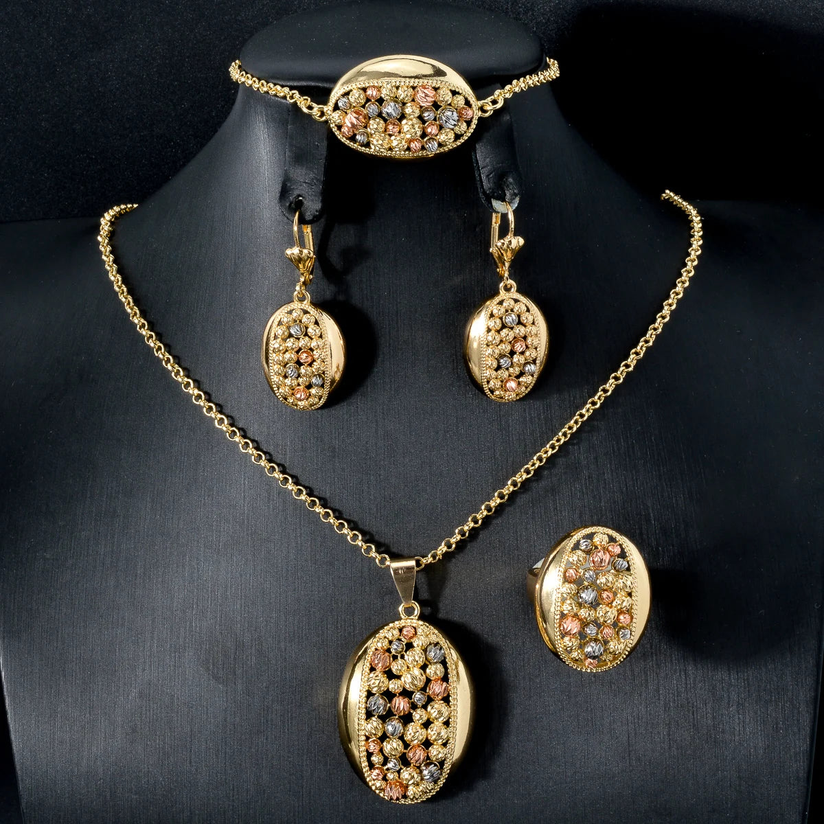 Fashion Dubai 14k Gold Plated Wedding Bride Earing and Necklace Jewelry Set for Women